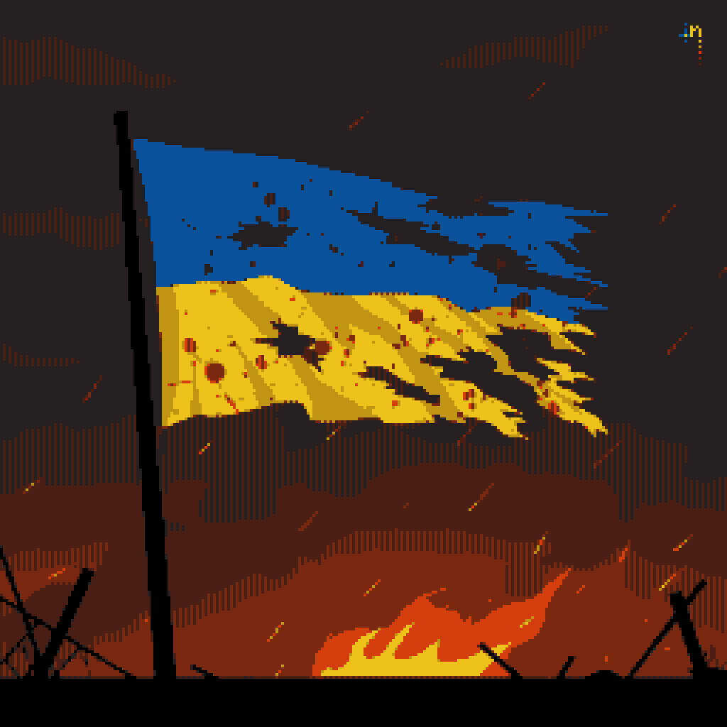 A pixel art illustration of a tattered Ukrainian flag with red splotches flying over a dark, fiery, and war-torn landscape with barbed wire. The sky is cloudy. The image has a pixelated style.